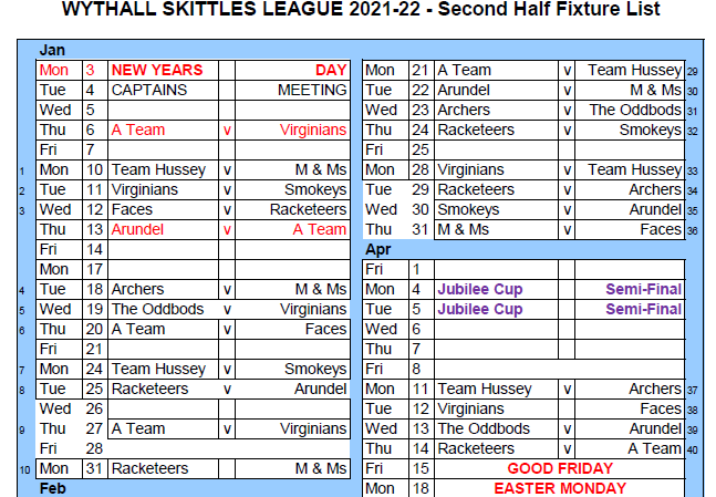 WYTHALL SKITTLES LEAGUE 2021-22 - Second Half Fixture List