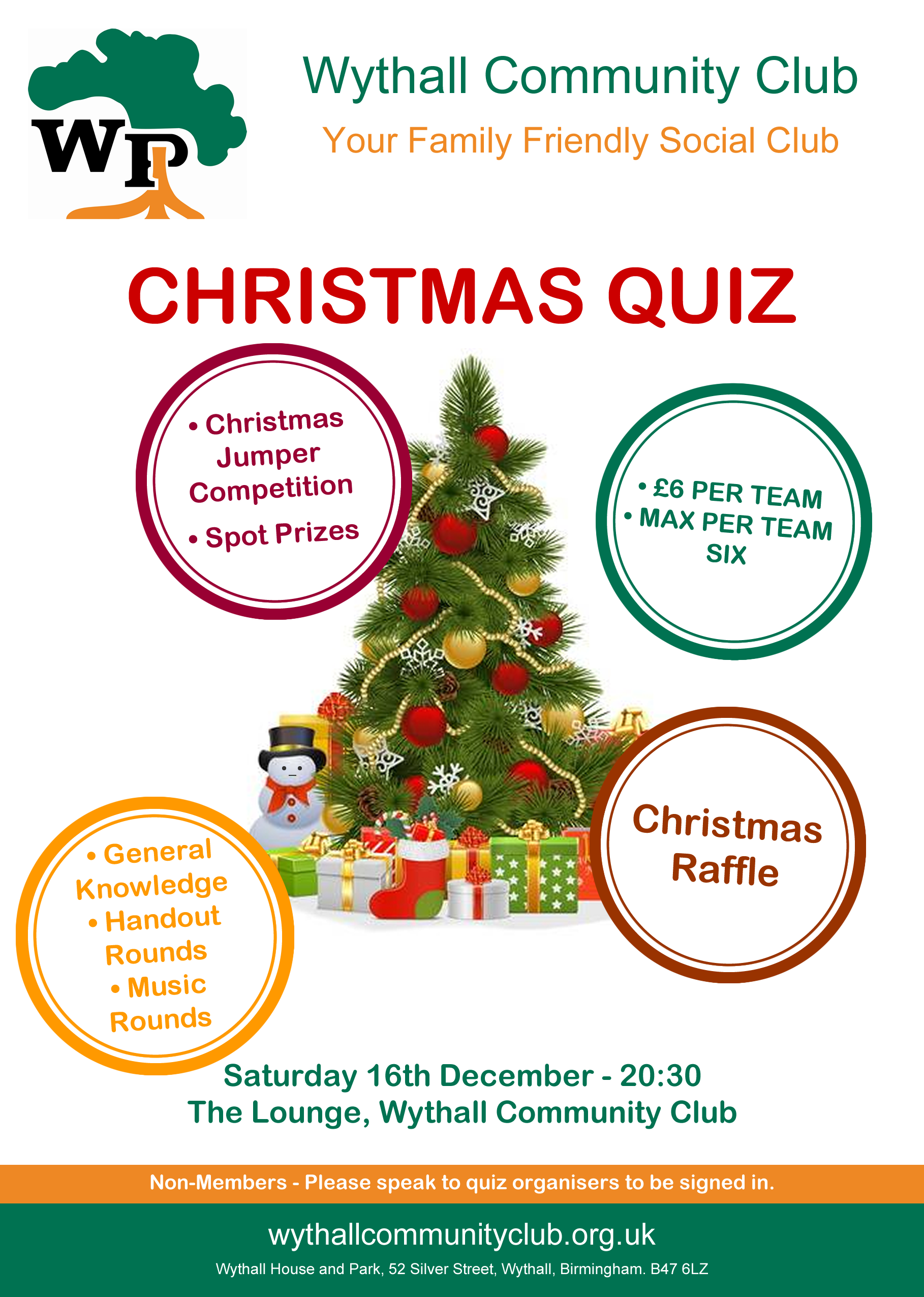 Christmas Quiz Night - Saturday 16 December 2023. 20.30-22.30. Prize for best Christmas Jumper.