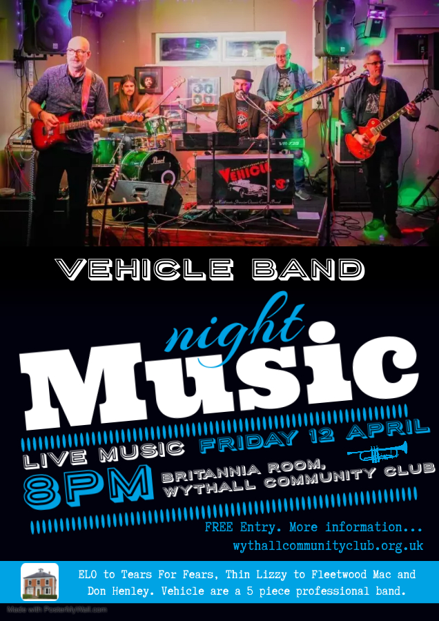 Vehicle Band - ELO to Tears For Fears, Thin Lizzy to Fleetwood Mac and Don Henley. Vehicle are a 5 piece professional band. Friday 12 April 2024.