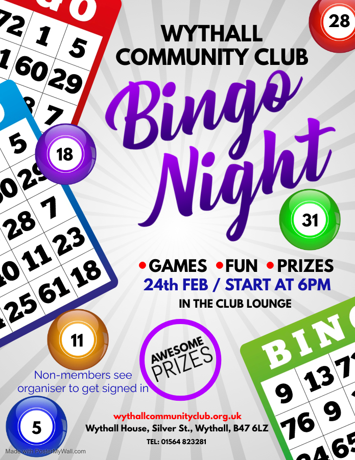 Bingo Night from 6pm at Wythall Community Club