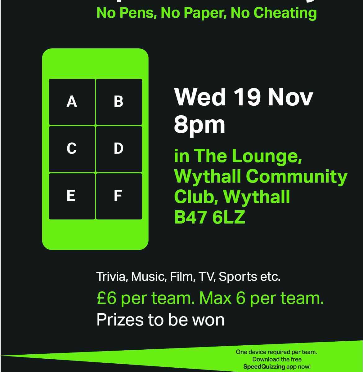 Wythall Community Club SpeedQuizzing Wednesday 19 November 2025 at 8pm
