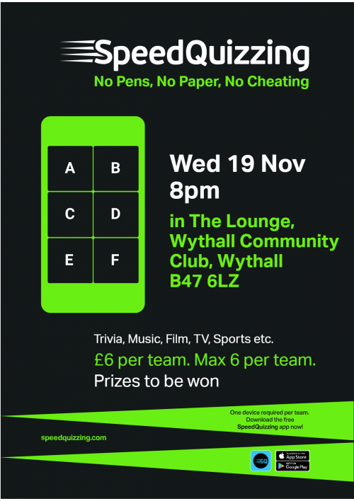 Wythall Community Club SpeedQuizzing Wednesday 19 November 2025 at 8pm