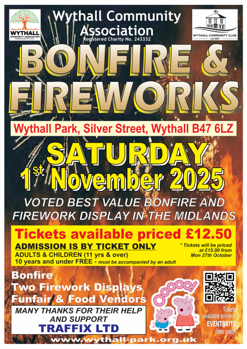Wythall Bonfire and Fireworks Night Sat 1 Nov 2025.