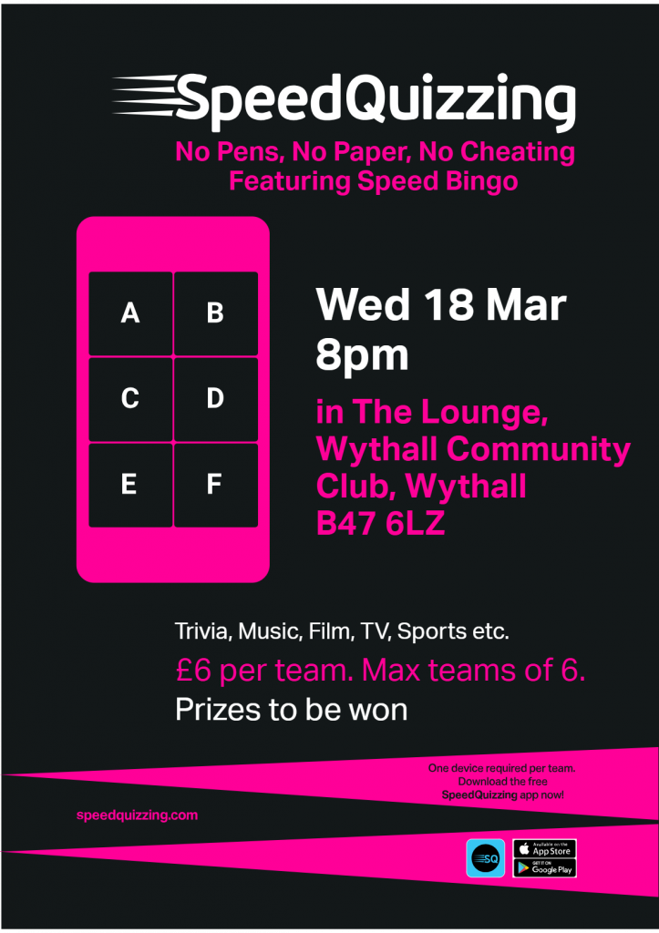 SpeedQuizzing 18 March 2026 @ 8pm, Wythall House