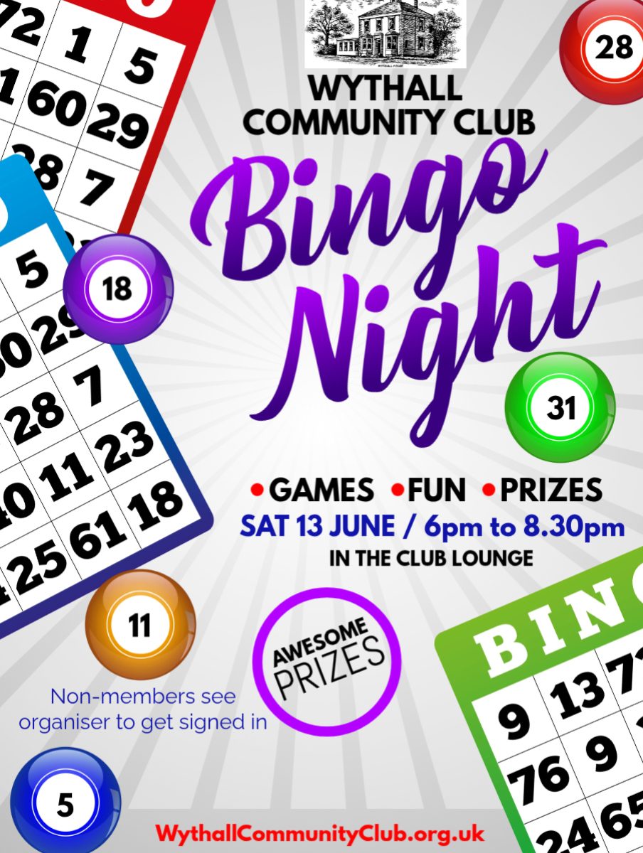 Family Friendly Bingo 13 June 2026 at Wythall House B47 6LZ from 6pm