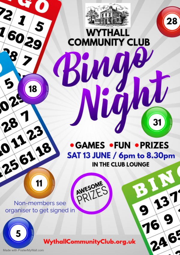 Family Friendly Bingo 13 June 2026 at Wythall House B47 6LZ from 6pm