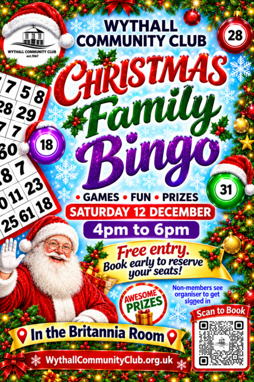 Wythall Community Club Christmas Family Bingo 12 Dec 2026 4pm-6pm